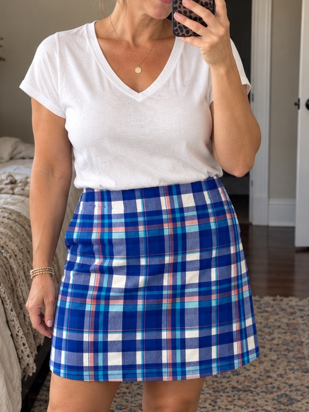 L.L.Bean Madras Plaid Skirt 14P Blue Cotton A-Line Petite Preppy Summer